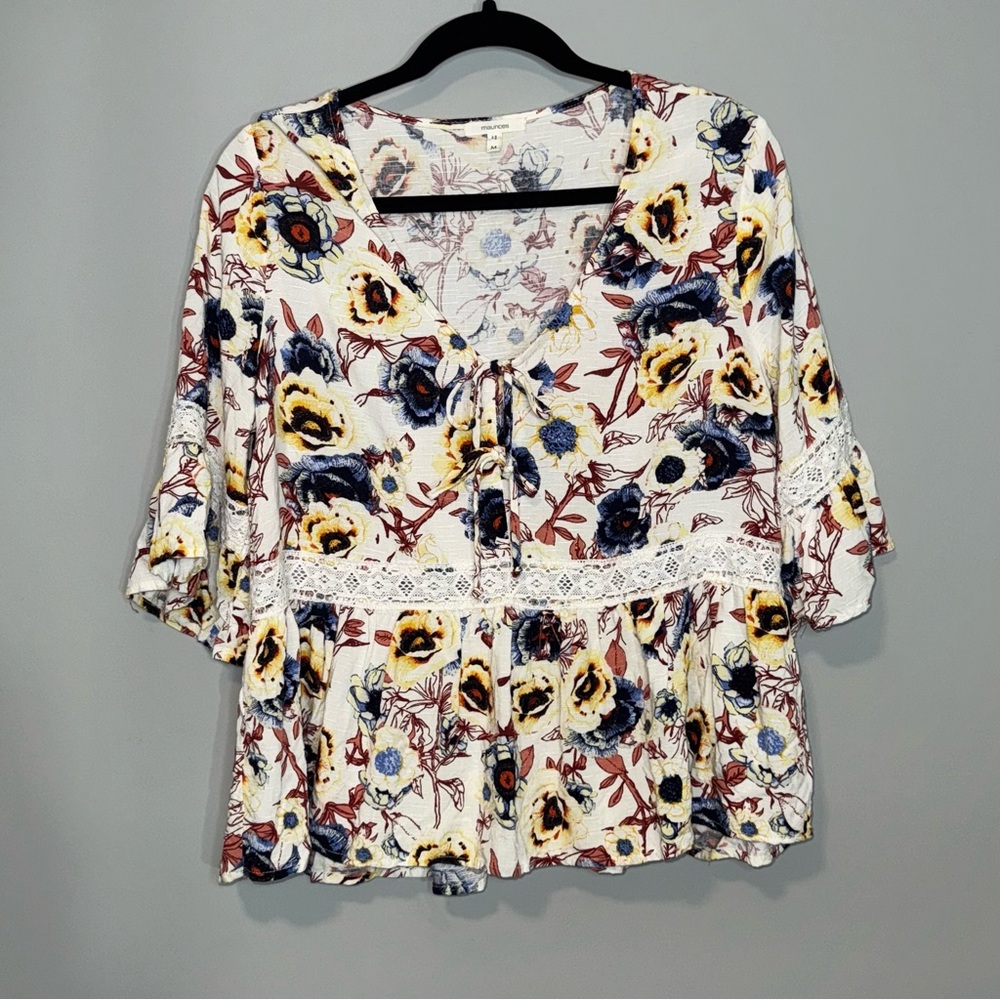 Maurices Womens Floral Babydoll Medium White Yellow Blue Lace Tie V-Neck Boho